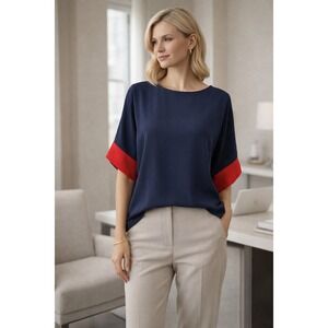 Isle Melis Kozan Colorblock Blouse Button Back Navy Red Medium NWT